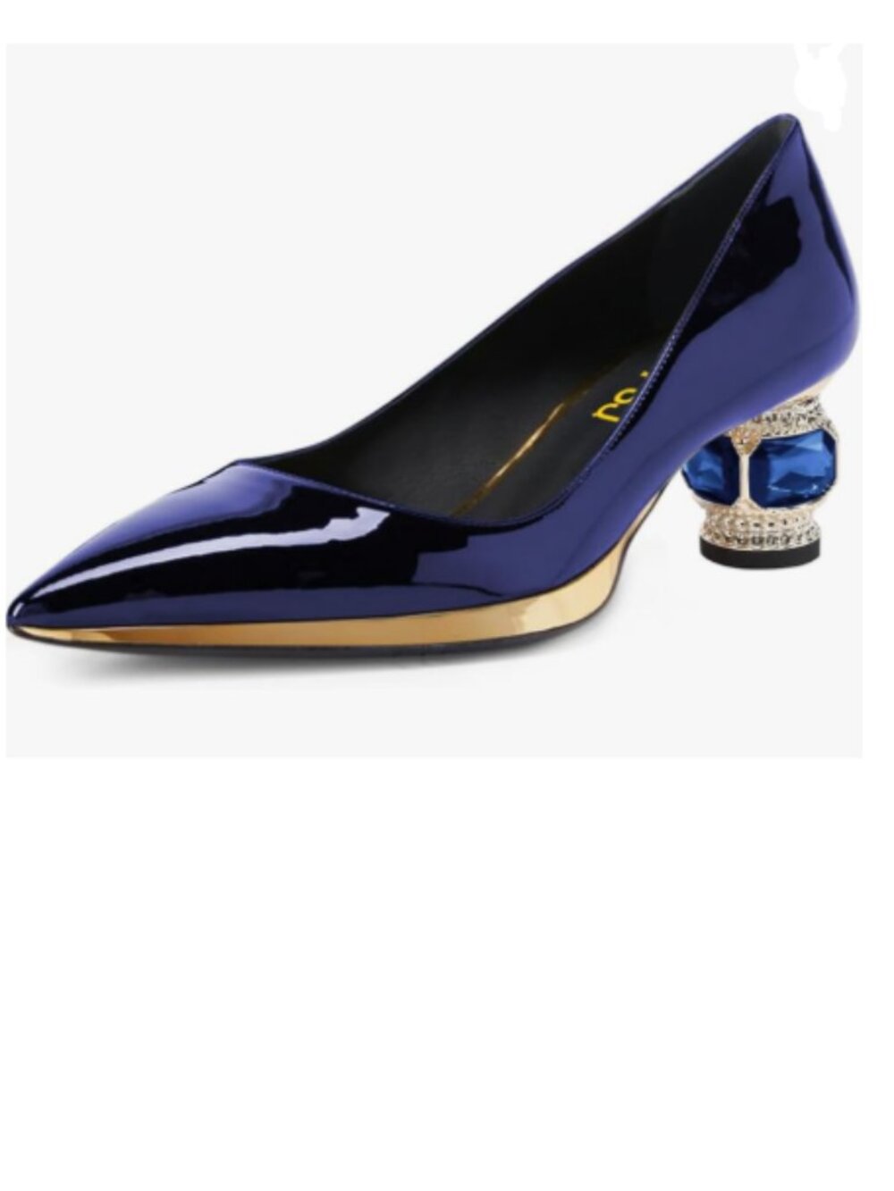 FSJ Navy Blue Pointed Toe Low Heel Crystal Pumps Gold Trim Slip on Comfort Shoe